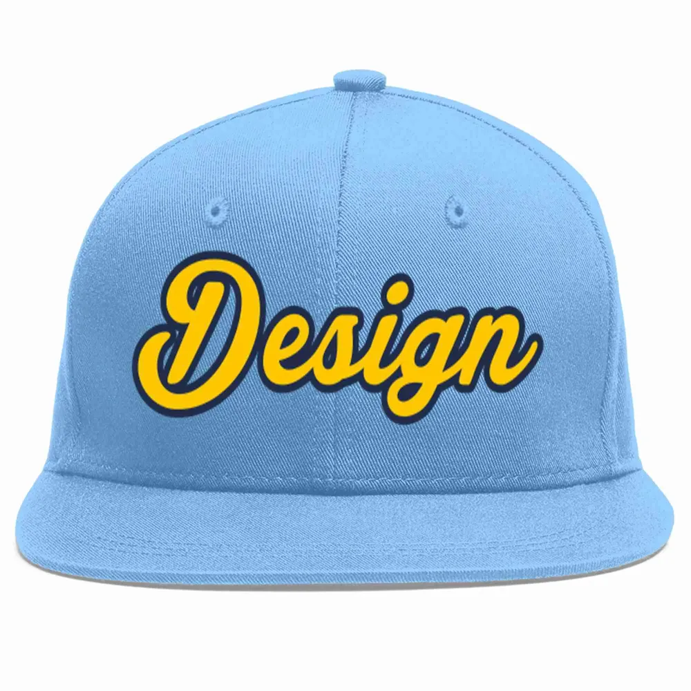 Custom Light Blue Gold-Navy Flat Eaves Sport Baseball Cap Design for Men/Women/Youth