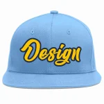 Custom Light Blue Gold-Navy Flat Eaves Sport Baseball Cap Design for Men/Women/Youth