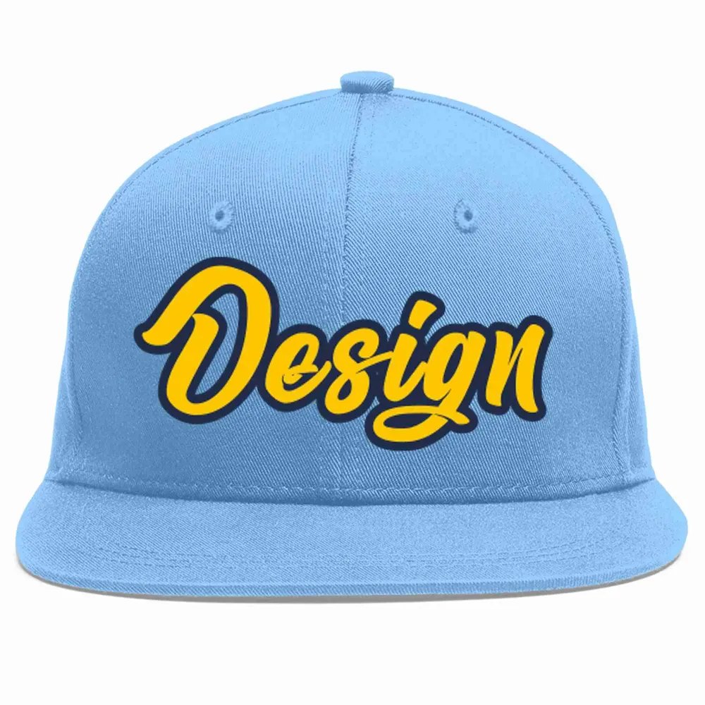 Custom Light Blue Gold-Navy Flat Eaves Sport Baseball Cap Design for Men/Women/Youth