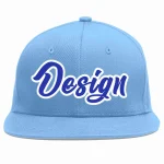 Custom Light Blue Royal-White Flat Eaves Sport Baseball Cap Design for Men/Women/Youth
