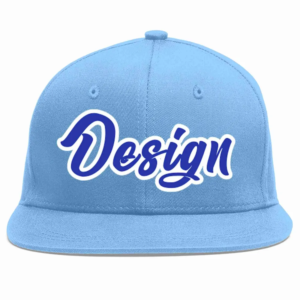 Custom Light Blue Royal-White Flat Eaves Sport Baseball Cap Design for Men/Women/Youth