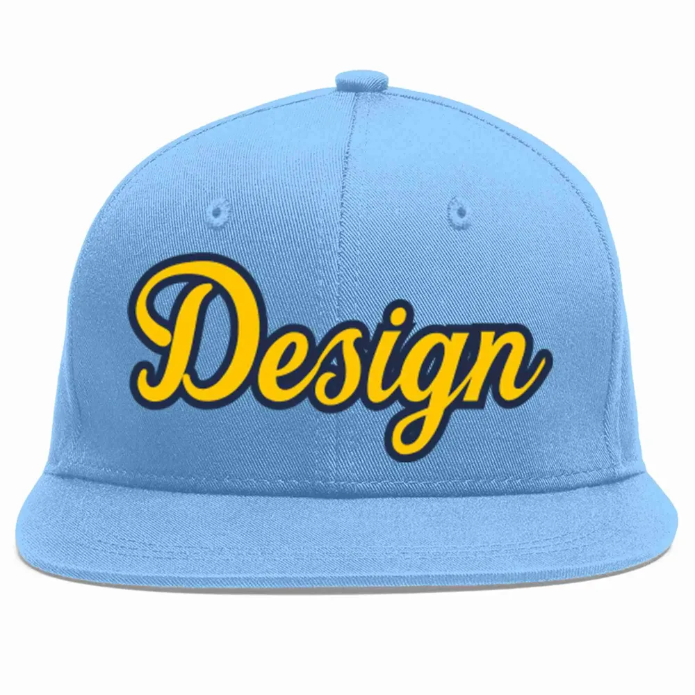 Custom Light Blue Gold-Navy Flat Eaves Sport Baseball Cap Design for Men/Women/Youth