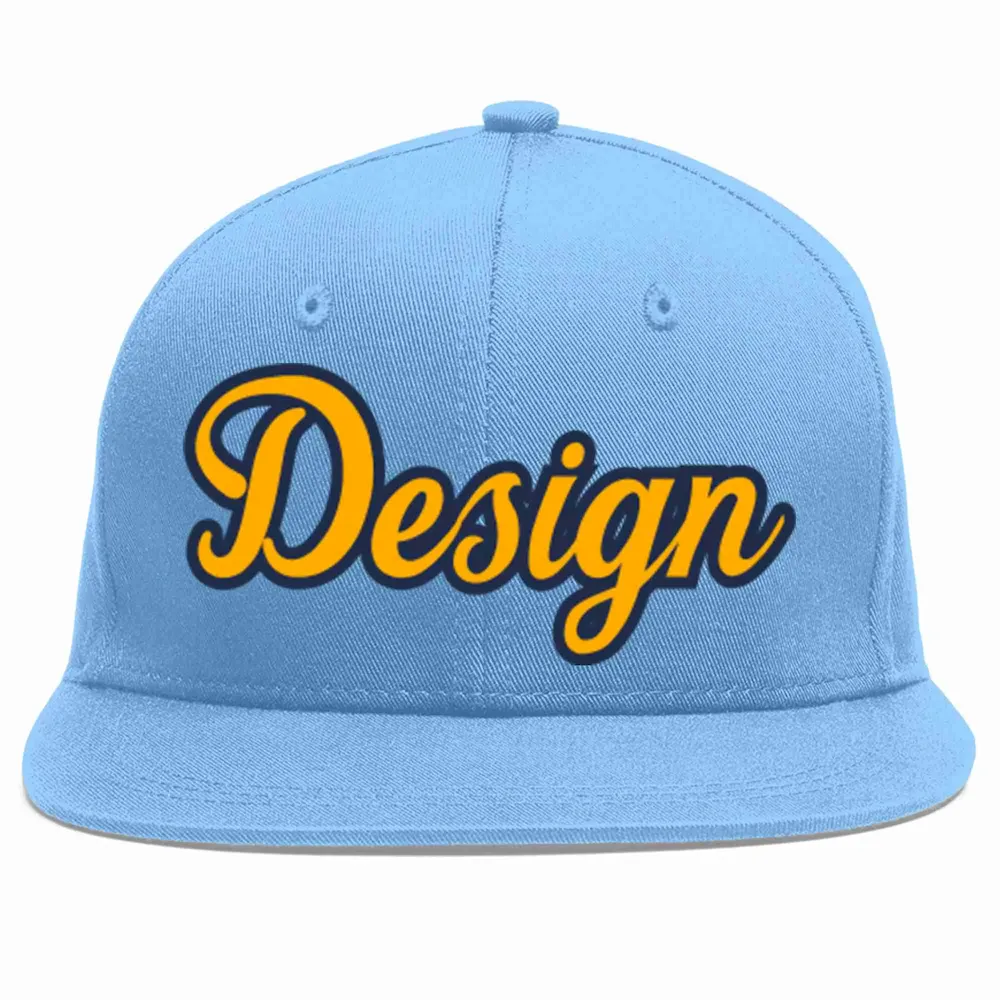 Custom Light Blue Yellow-Navy Flat Eaves Sport Baseball Cap Design for Men/Women/Youth