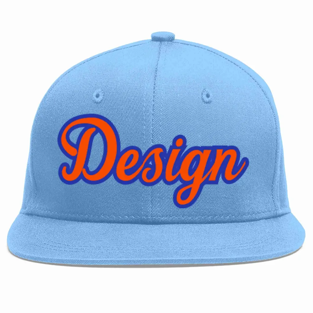 Custom Light Blue Orange-Royal Flat Eaves Sport Baseball Cap Design for Men/Women/Youth