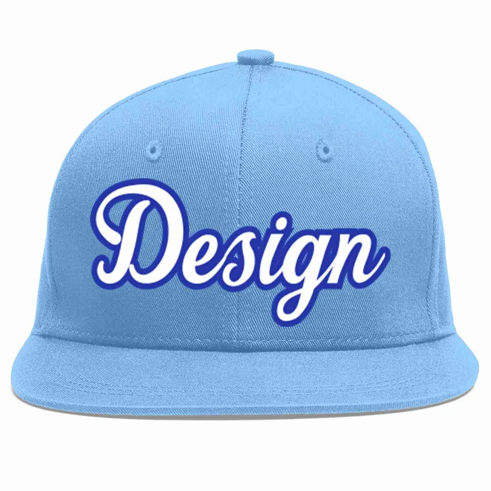 Custom Light Blue White-Royal Flat Eaves Sport Baseball Cap Design for Men/Women/Youth