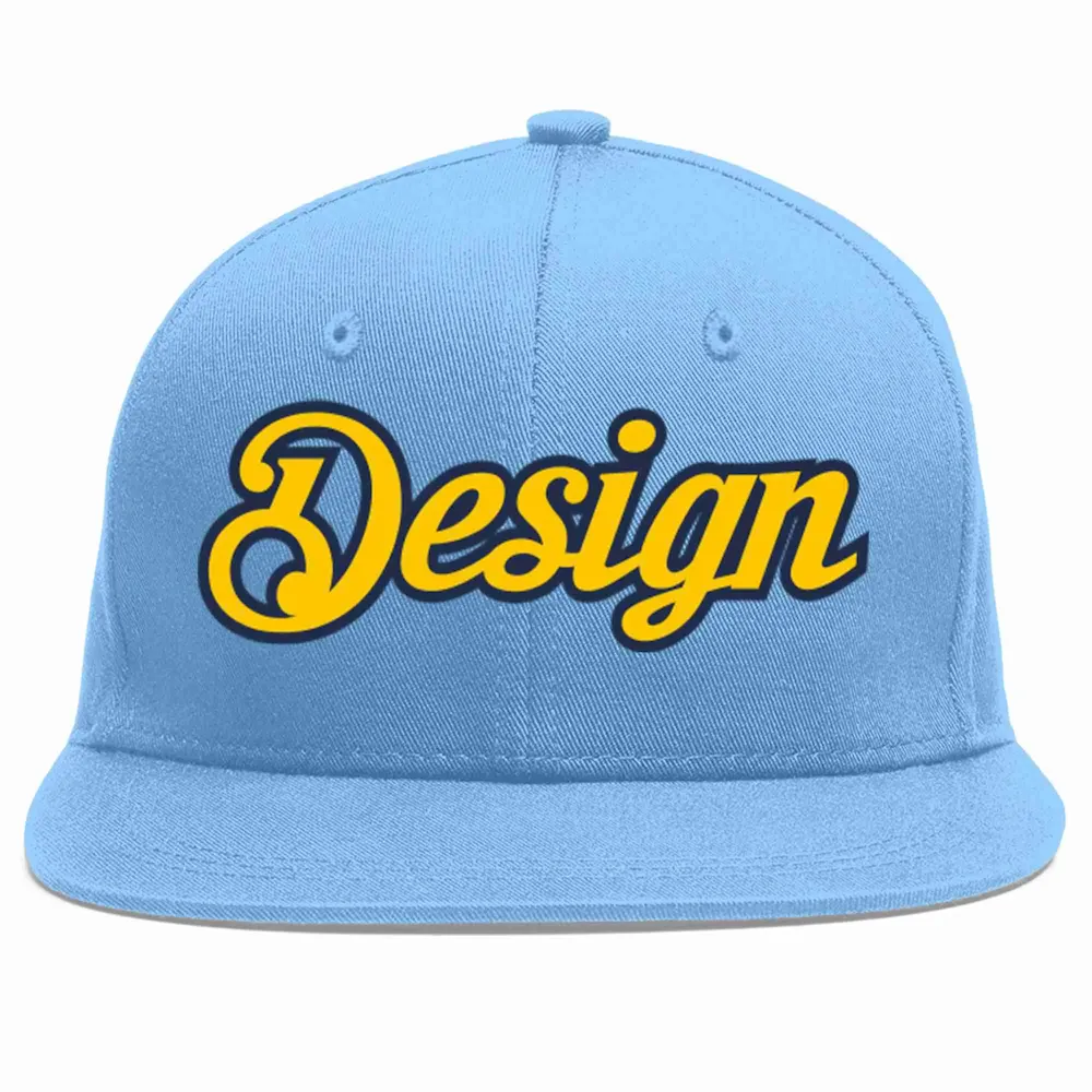 Custom Light Blue Gold-Navy Flat Eaves Sport Baseball Cap Design for Men/Women/Youth