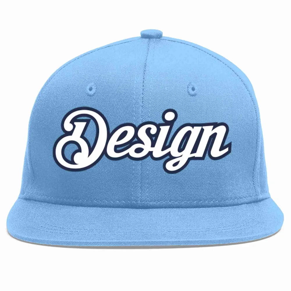 Custom Light Blue White-Navy Flat Eaves Sport Baseball Cap Design for Men/Women/Youth
