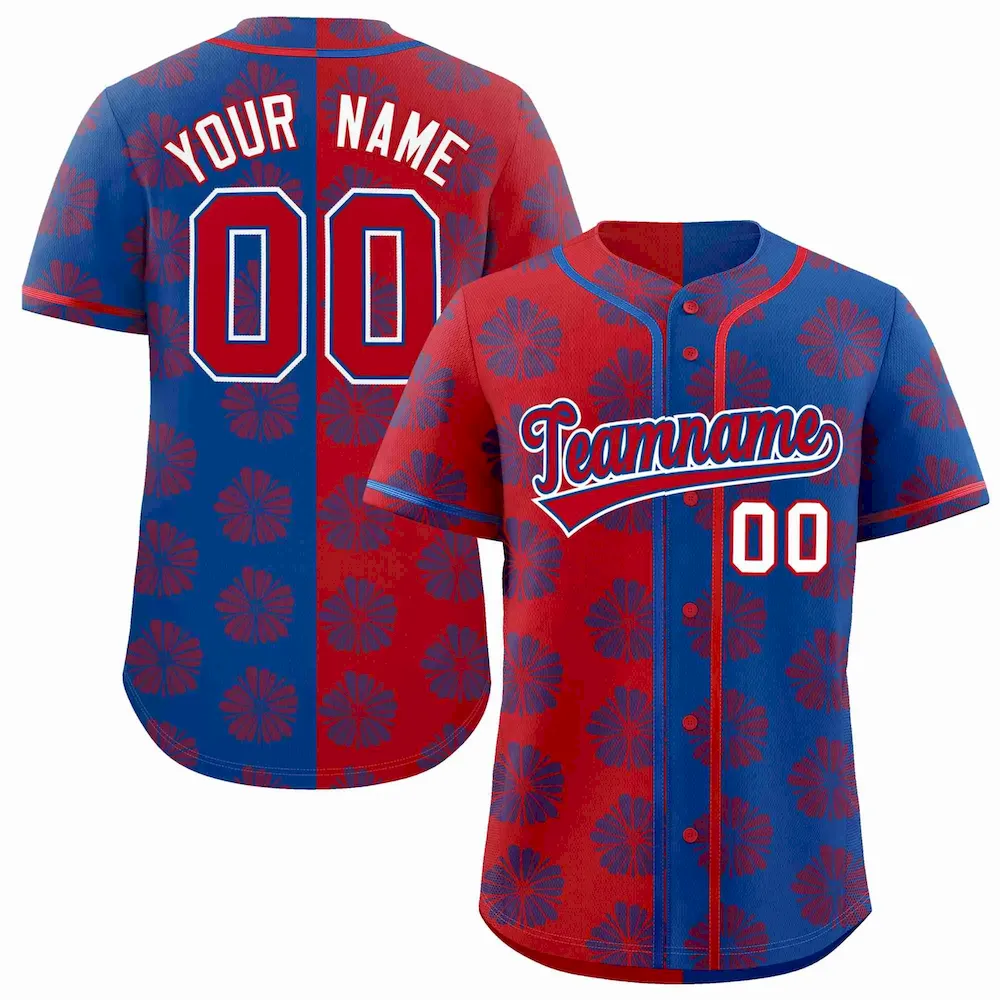 Custom Red Navy Split Fashion Flower Graffiti Pattern Authentic Baseball Jersey