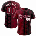 Custom Crimson Black Split Fashion Flower Graffiti Pattern Authentic Baseball Jersey