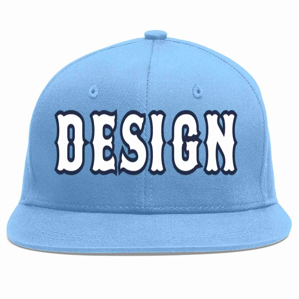 Custom Light Blue White-Navy Flat Eaves Sport Baseball Cap Design for Men/Women/Youth