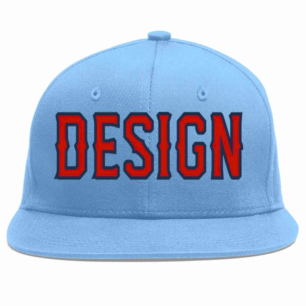 Custom Light Blue Red-Navy Flat Eaves Sport Baseball Cap Design for Men/Women/Youth