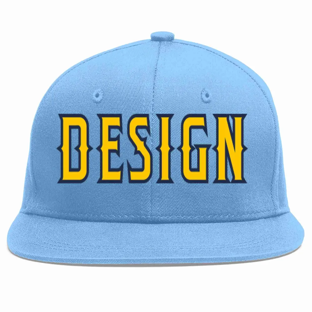 Custom Light Blue Gold-Navy Flat Eaves Sport Baseball Cap Design for Men/Women/Youth