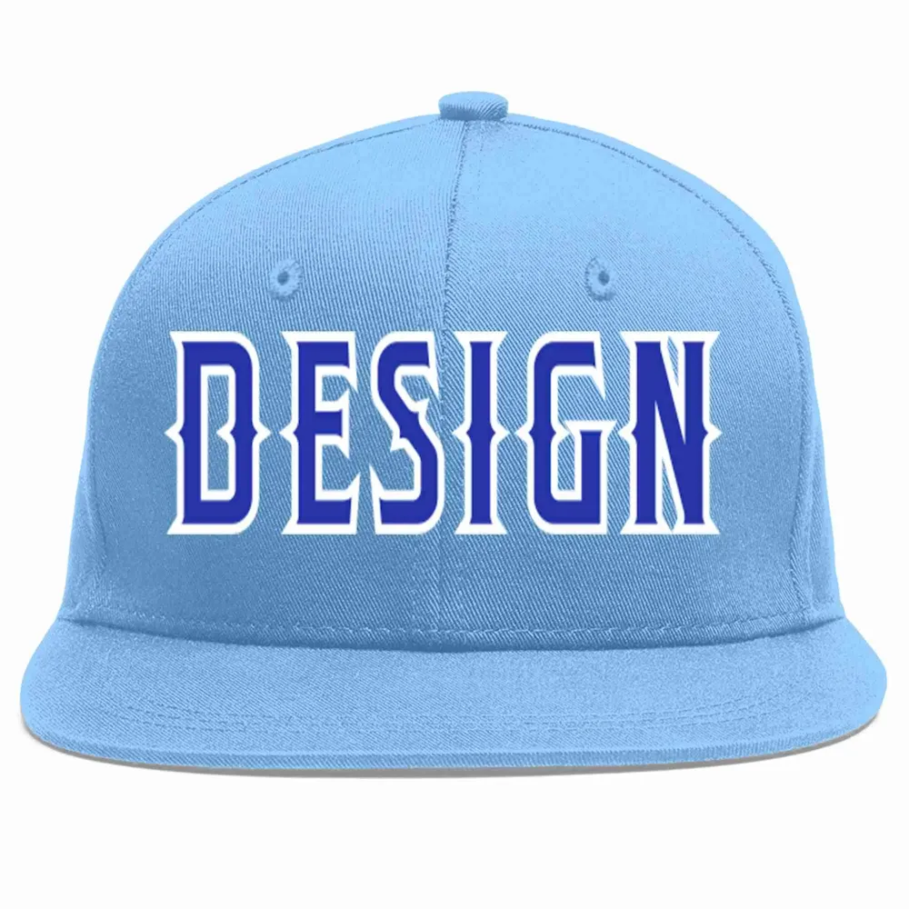 Custom Light Blue Royal-White Flat Eaves Sport Baseball Cap Design for Men/Women/Youth