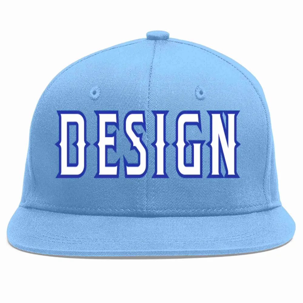 Custom Light Blue White-Royal Flat Eaves Sport Baseball Cap Design for Men/Women/Youth