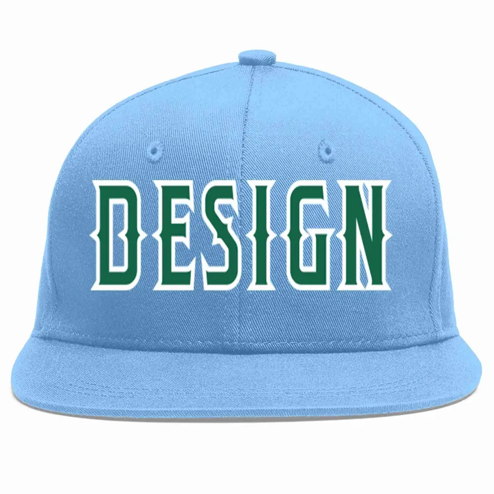 Custom Light Blue Kelly Green-White Flat Eaves Sport Baseball Cap Design for Men/Women/Youth