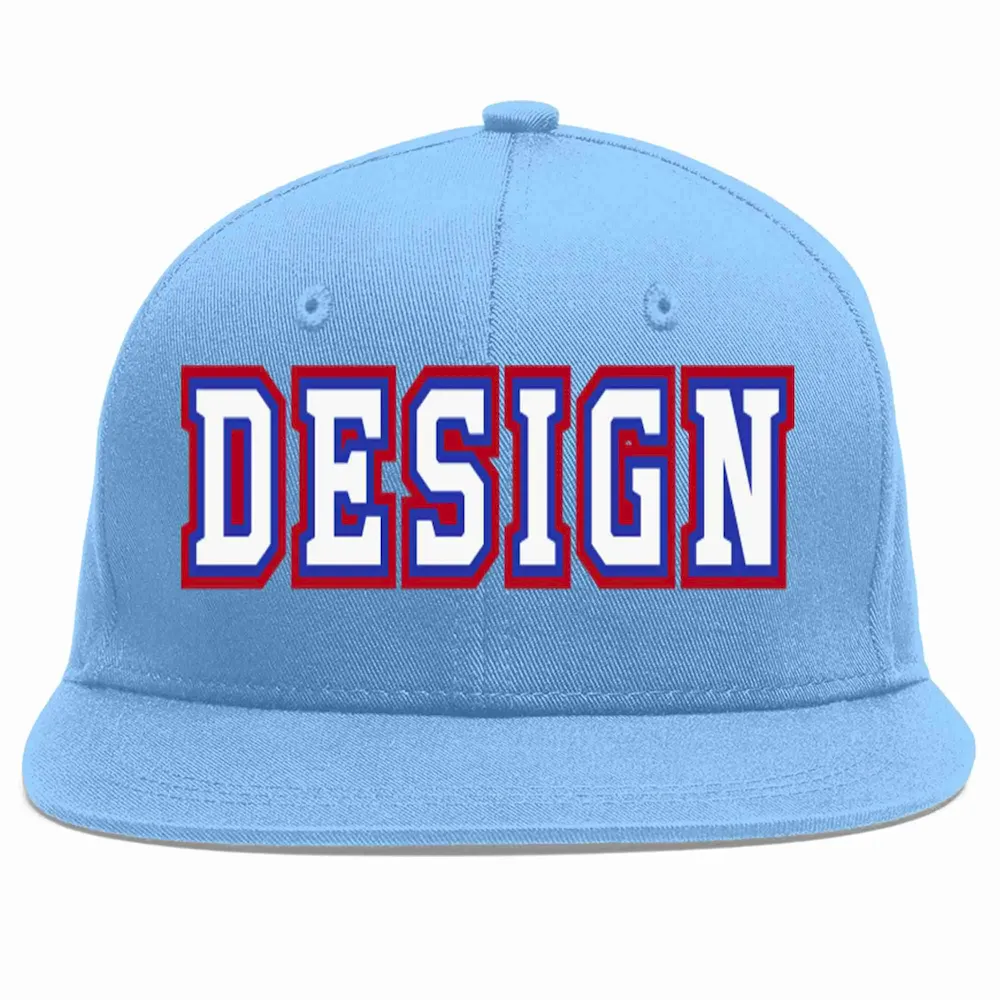 Custom Light Blue White-Royal Flat Eaves Sport Baseball Cap Design for Men/Women/Youth