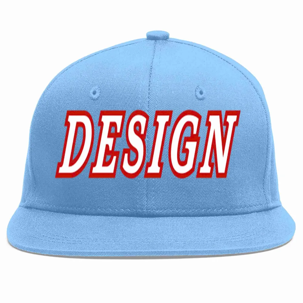 Custom Light Blue White-Red Flat Eaves Sport Baseball Cap Design for Men/Women/Youth