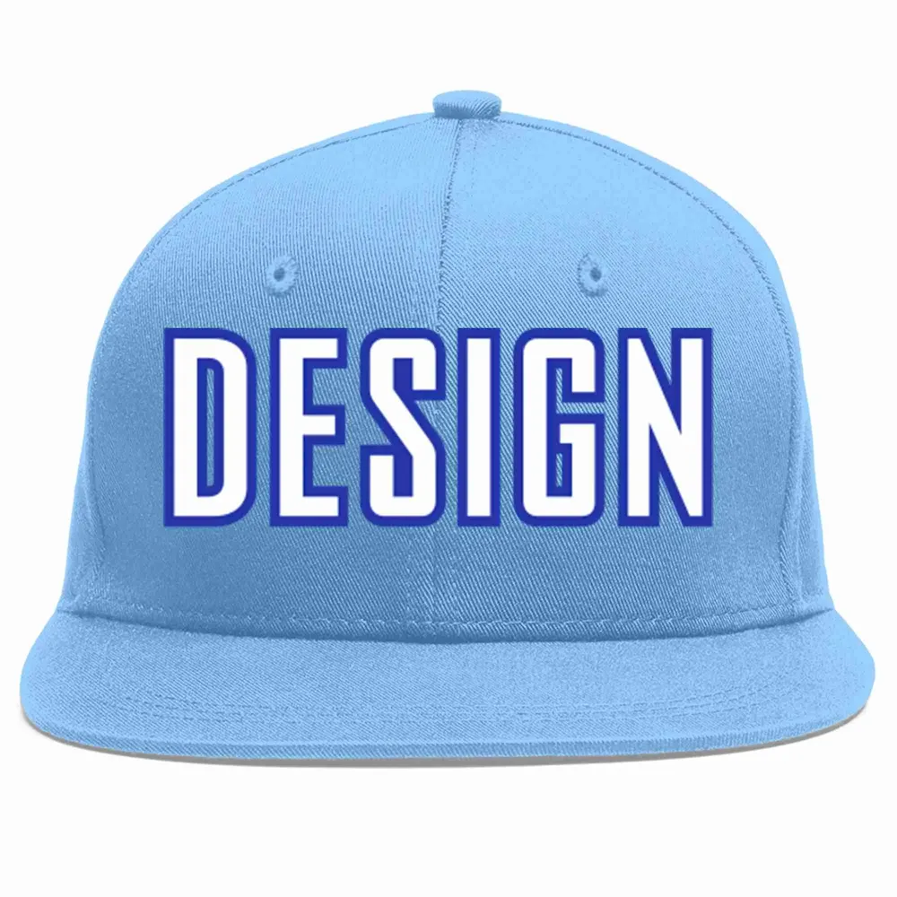 Custom Light Blue White-Royal Flat Eaves Sport Baseball Cap Design for Men/Women/Youth