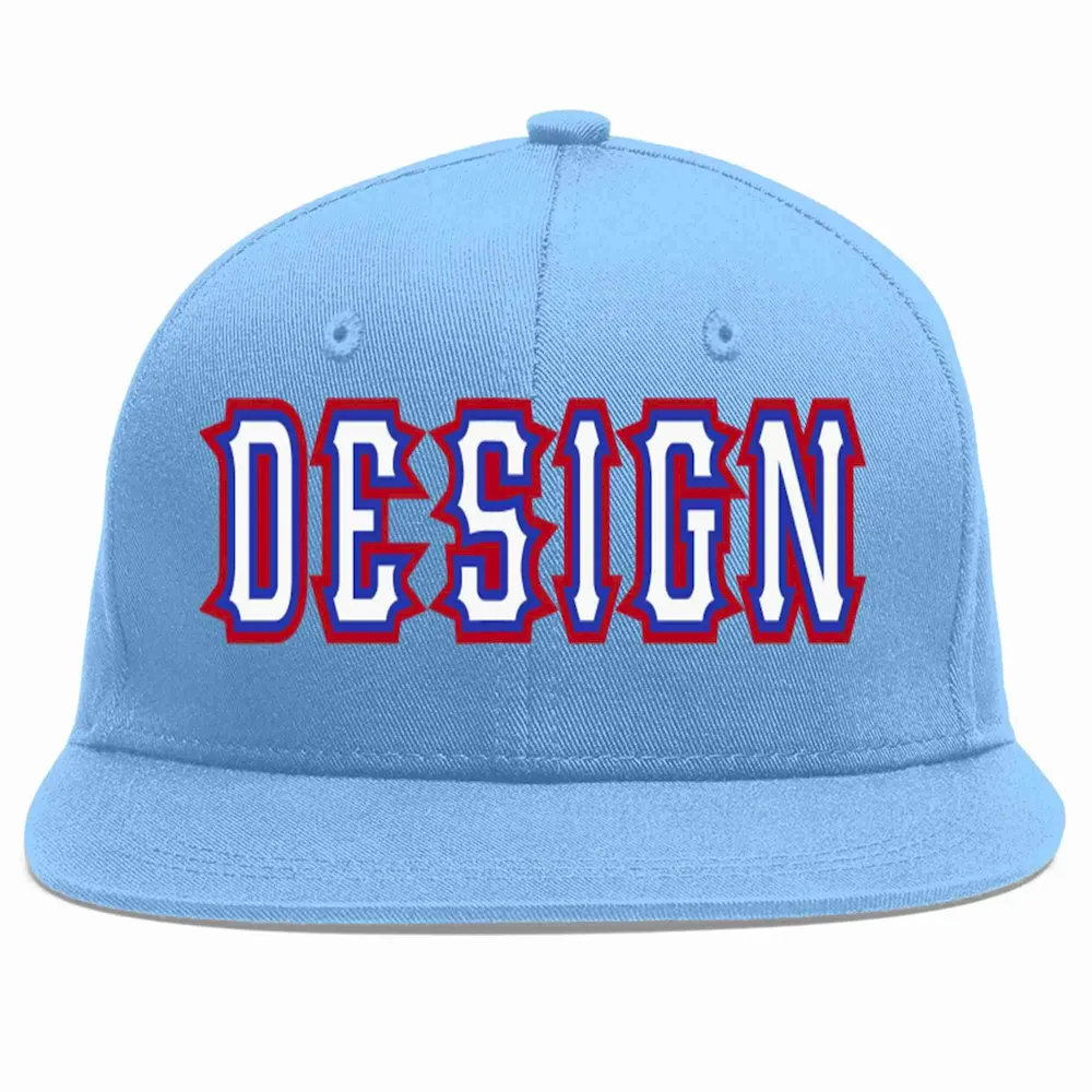 Custom Light Blue White-Royal Flat Eaves Sport Baseball Cap Design for Men/Women/Youth