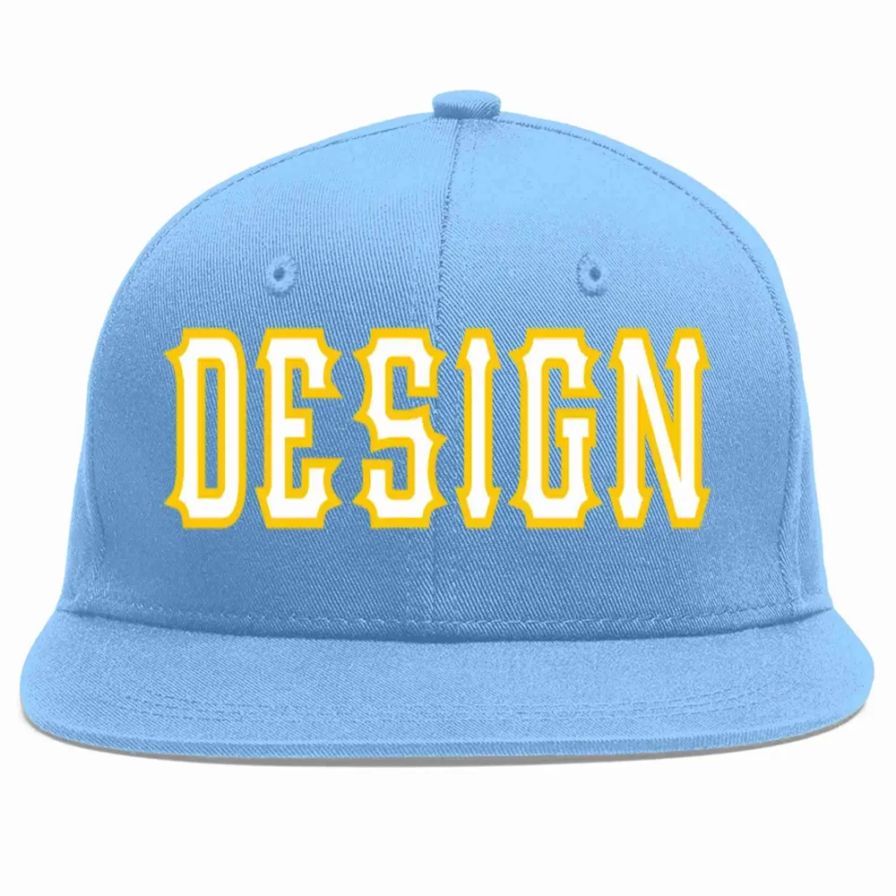 Custom Light Blue White-Gold Flat Eaves Sport Baseball Cap Design for Men/Women/Youth