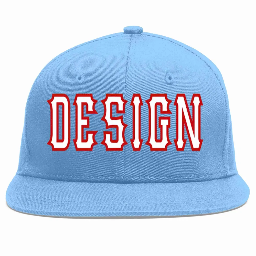 Custom Light Blue White-Red Flat Eaves Sport Baseball Cap Design for Men/Women/Youth