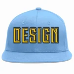 Custom Light Blue Gold-Navy Flat Eaves Sport Baseball Cap Design for Men/Women/Youth
