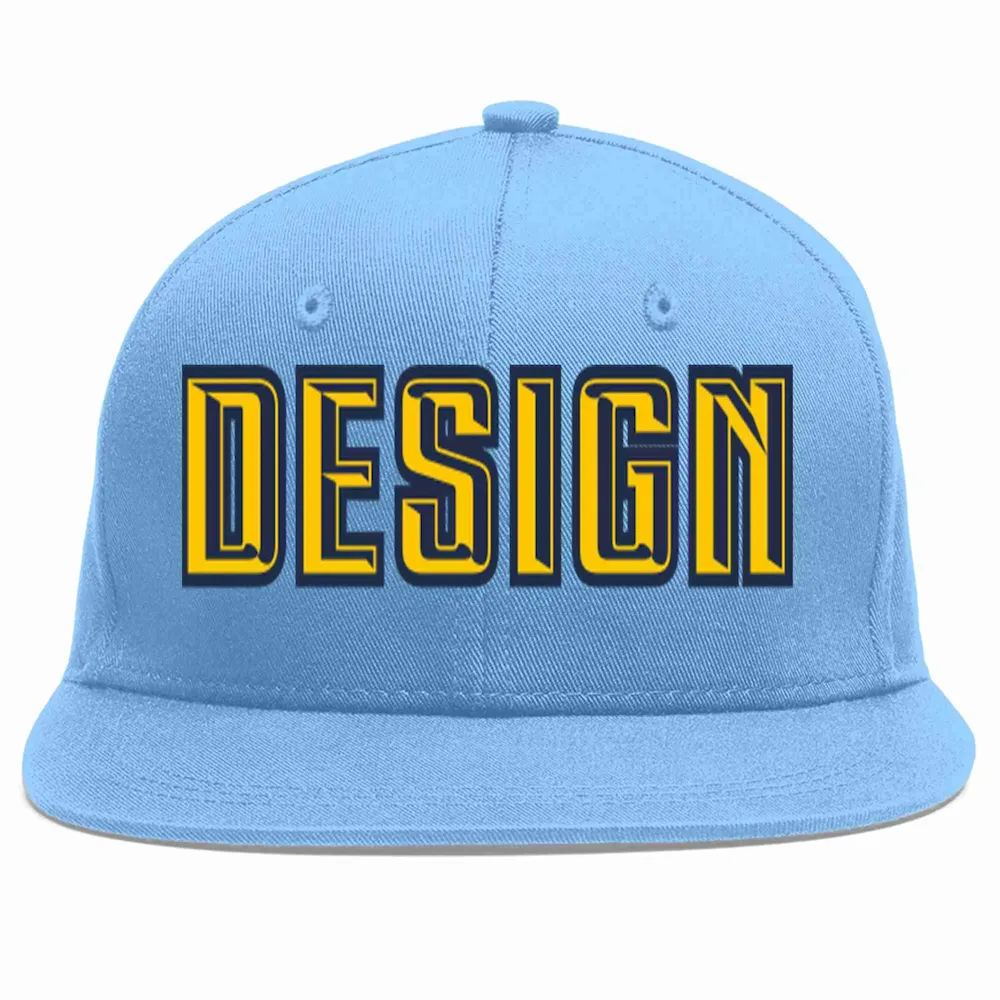 Custom Light Blue Gold-Navy Flat Eaves Sport Baseball Cap Design for Men/Women/Youth