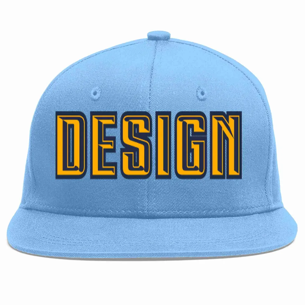 Custom Light Blue Yellow-Navy Flat Eaves Sport Baseball Cap Design for Men/Women/Youth