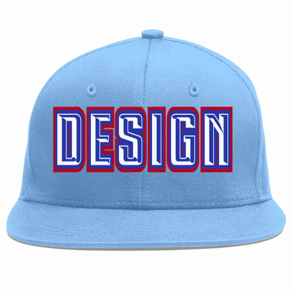 Custom Light Blue White-Royal Flat Eaves Sport Baseball Cap Design for Men/Women/Youth