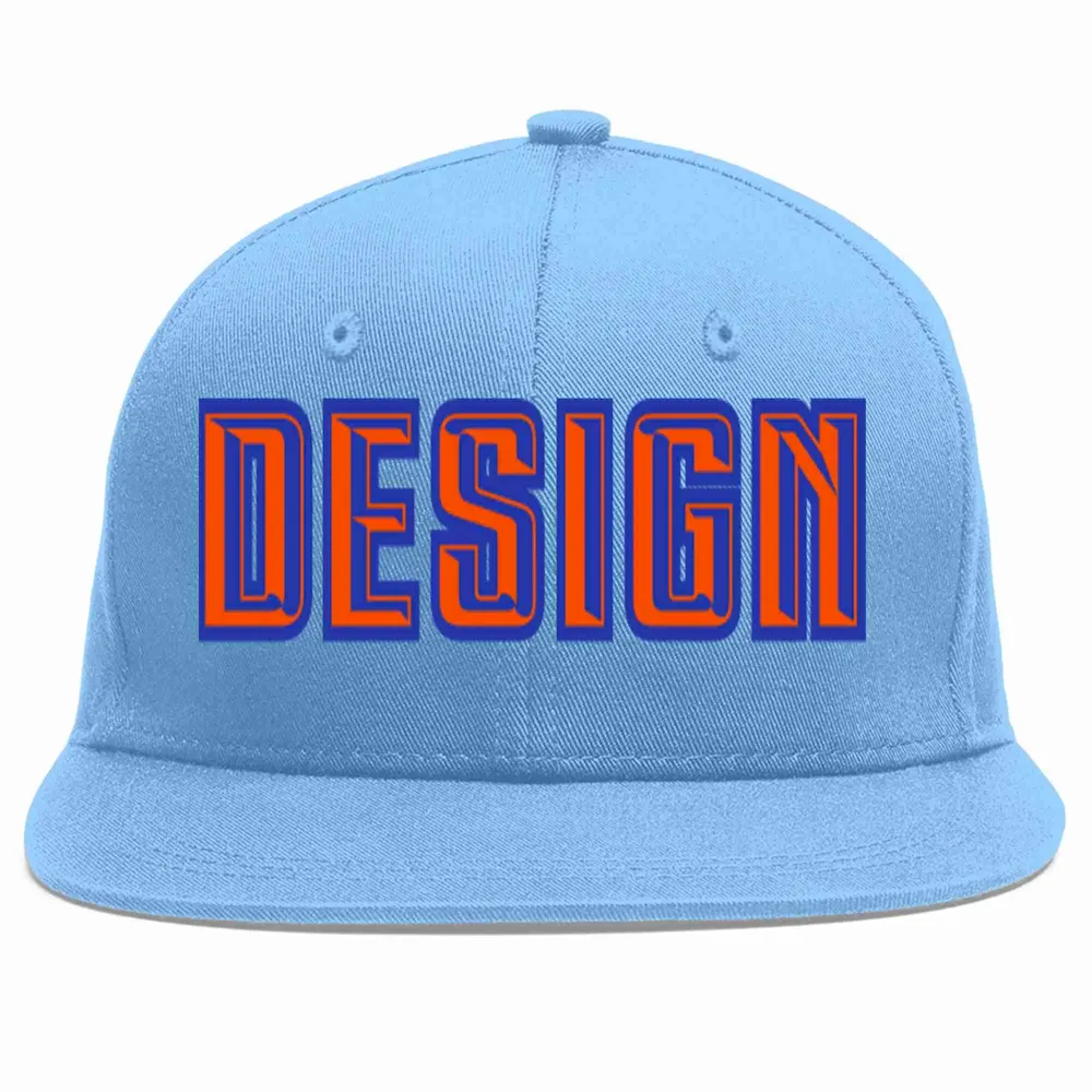 Custom Light Blue Orange-Royal Flat Eaves Sport Baseball Cap Design for Men/Women/Youth