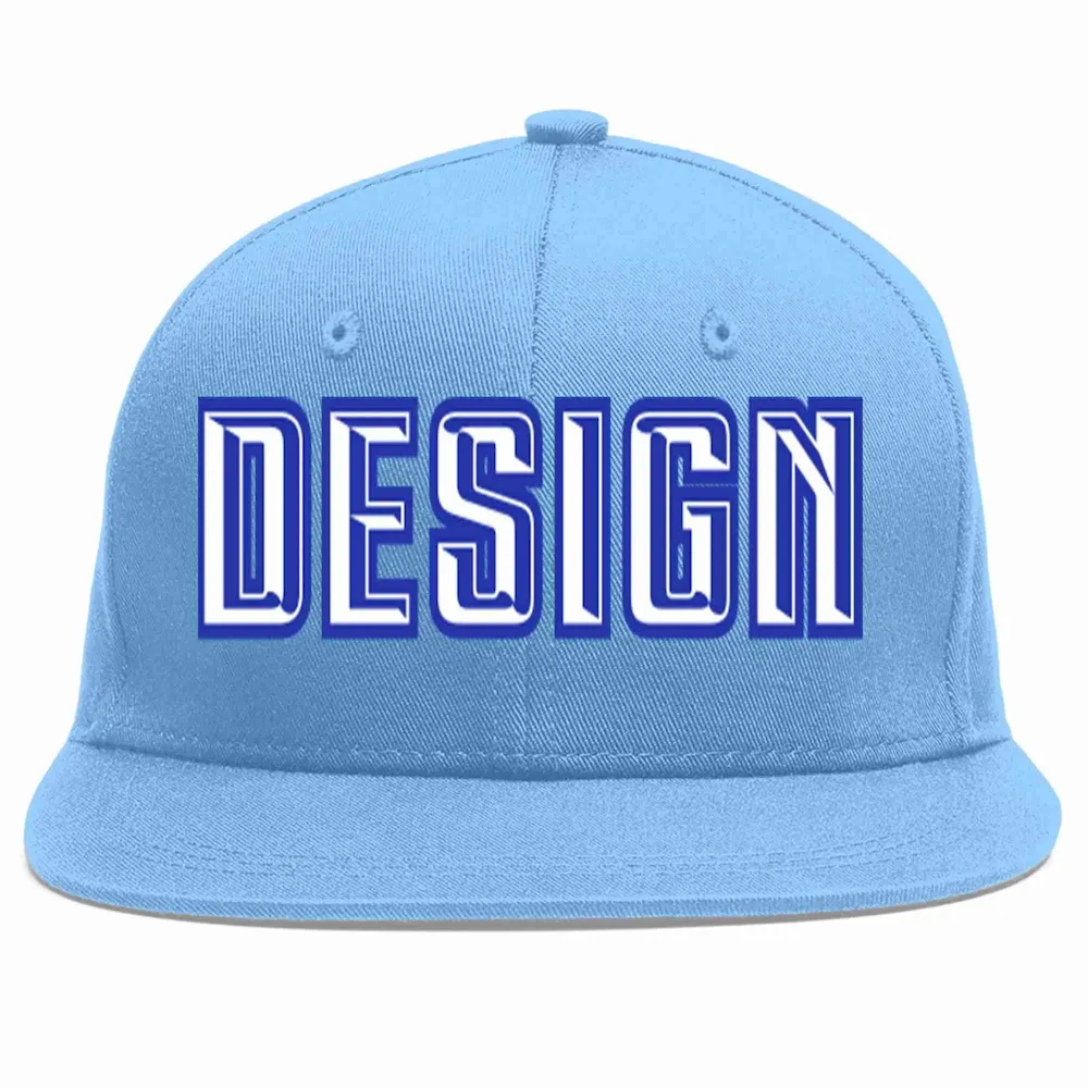 Custom Light Blue White-Royal Flat Eaves Sport Baseball Cap Design for Men/Women/Youth
