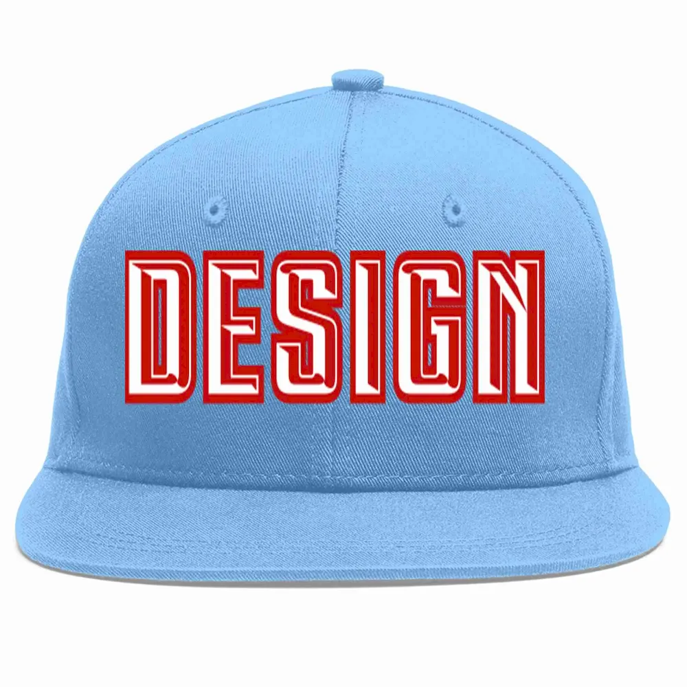 Custom Light Blue White-Red Flat Eaves Sport Baseball Cap Design for Men/Women/Youth