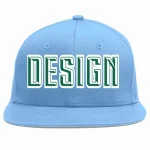 Custom Light Blue Kelly Green-White Flat Eaves Sport Baseball Cap Design for Men/Women/Youth