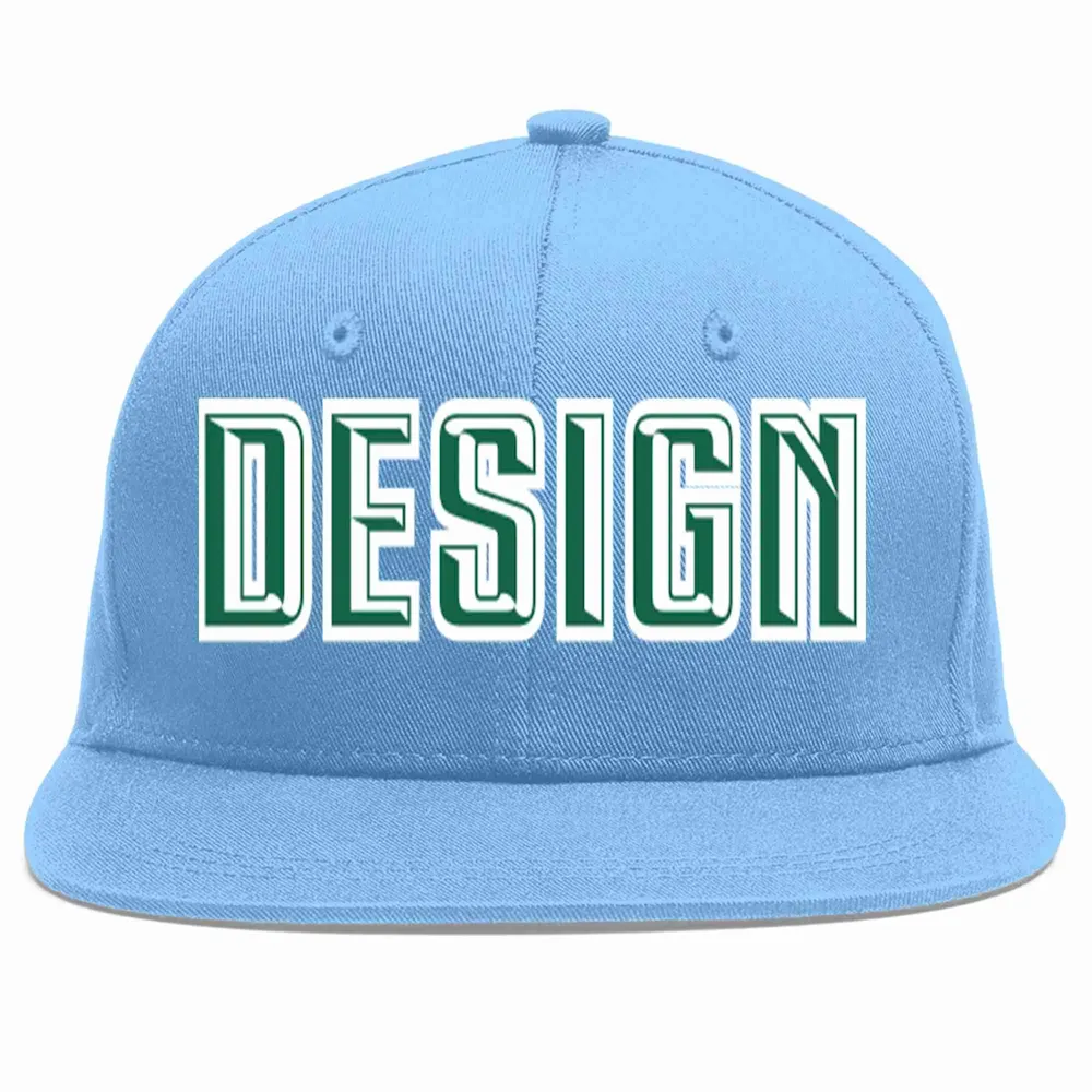 Custom Light Blue Kelly Green-White Flat Eaves Sport Baseball Cap Design for Men/Women/Youth
