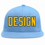 Custom Light Blue Gold-Navy Flat Eaves Sport Baseball Cap Design for Men/Women/Youth
