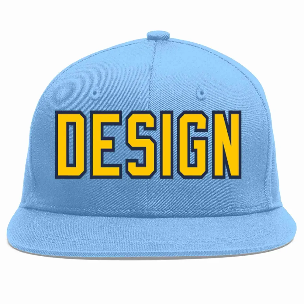 Custom Light Blue Gold-Navy Flat Eaves Sport Baseball Cap Design for Men/Women/Youth