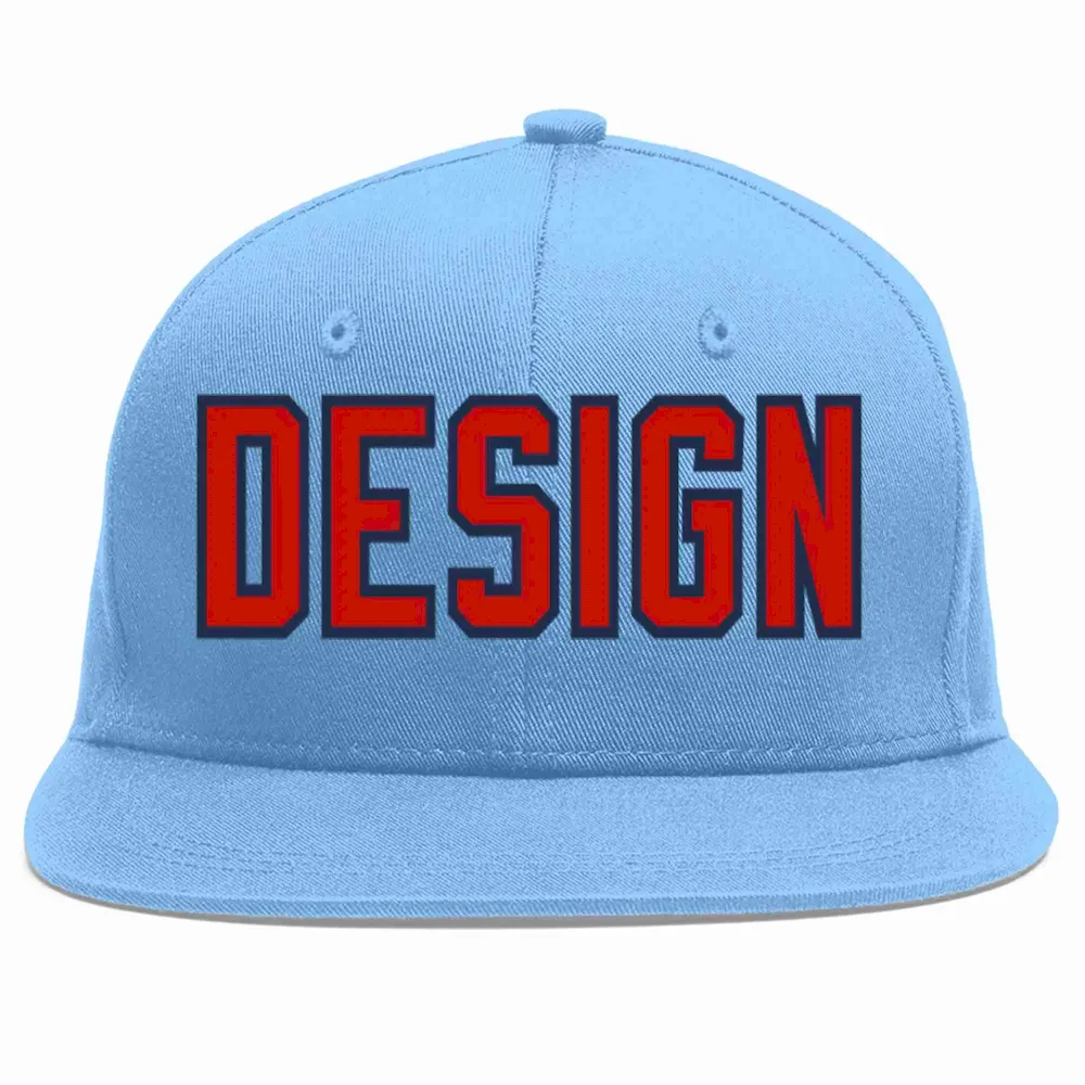Custom Light Blue Red-Navy Flat Eaves Sport Baseball Cap Design for Men/Women/Youth
