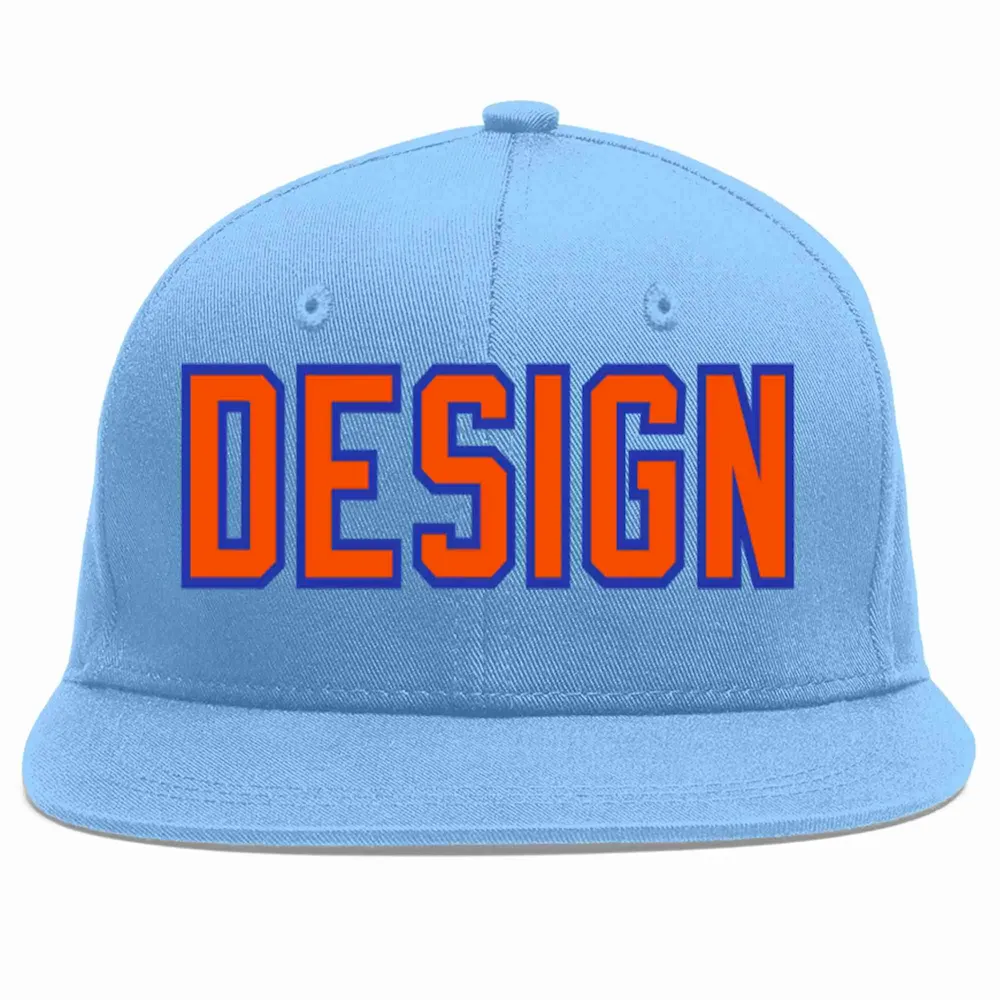 Custom Light Blue Orange-Royal Flat Eaves Sport Baseball Cap Design for Men/Women/Youth