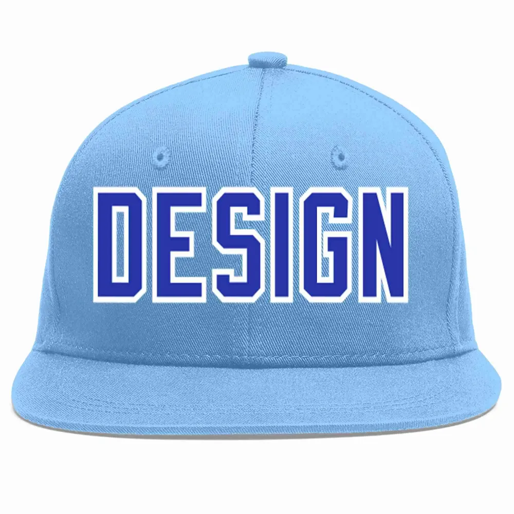 Custom Light Blue Royal-White Flat Eaves Sport Baseball Cap Design for Men/Women/Youth