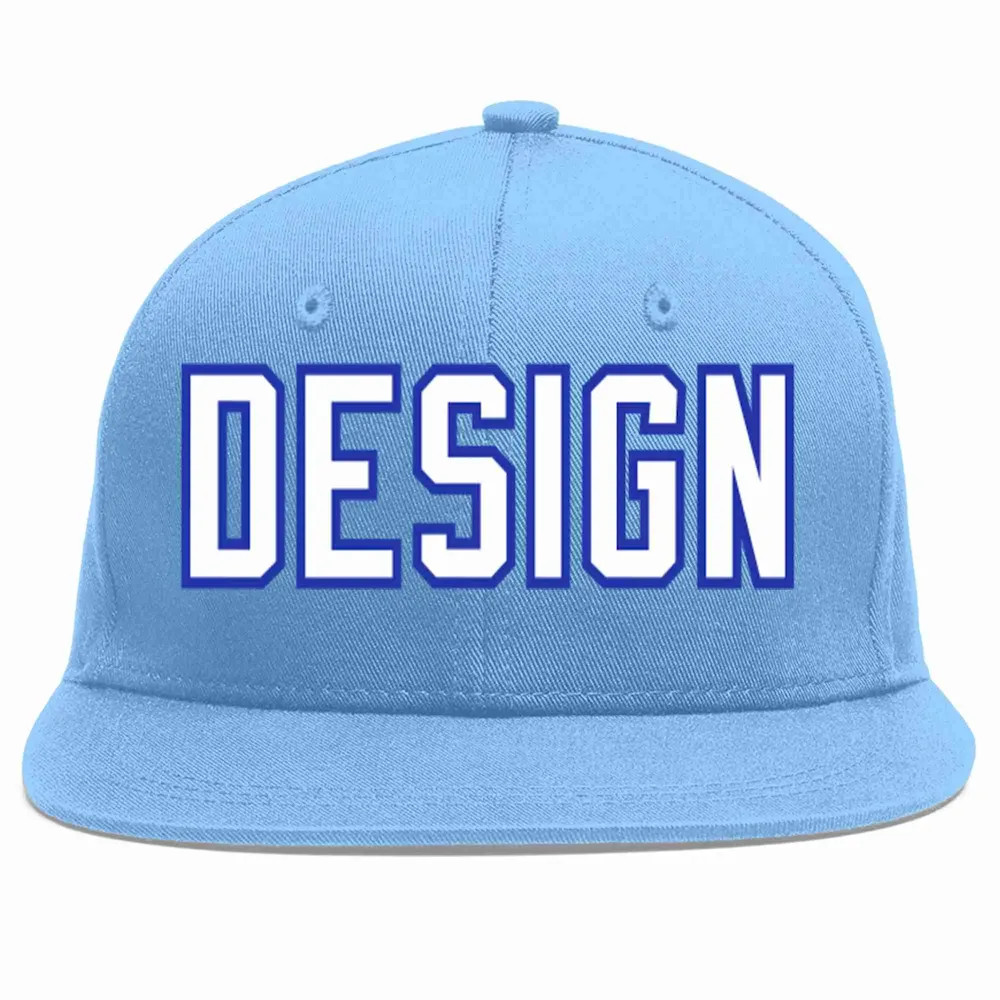 Custom Light Blue White-Royal Flat Eaves Sport Baseball Cap Design for Men/Women/Youth