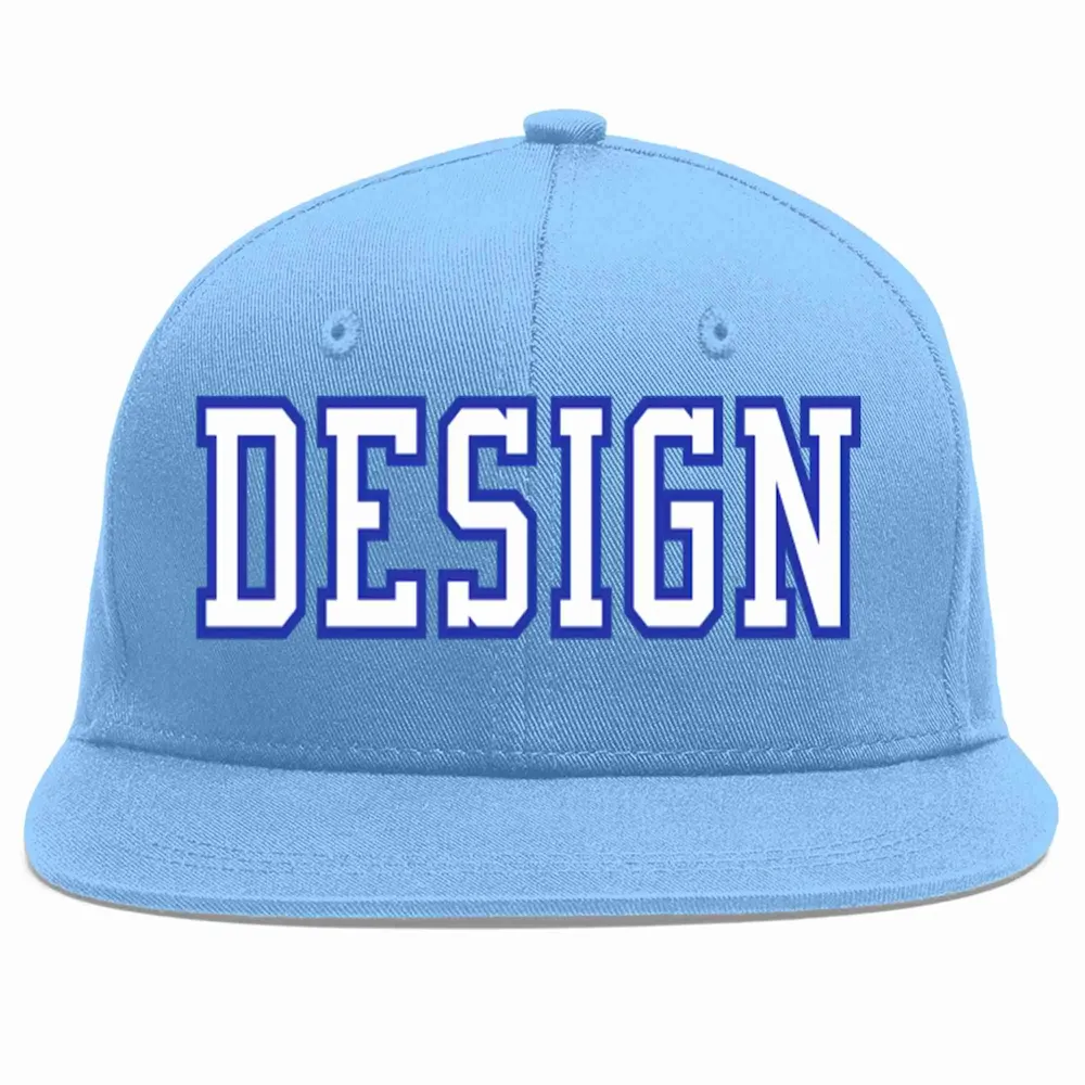 Custom Light Blue White-Royal Flat Eaves Sport Baseball Cap Design for Men/Women/Youth