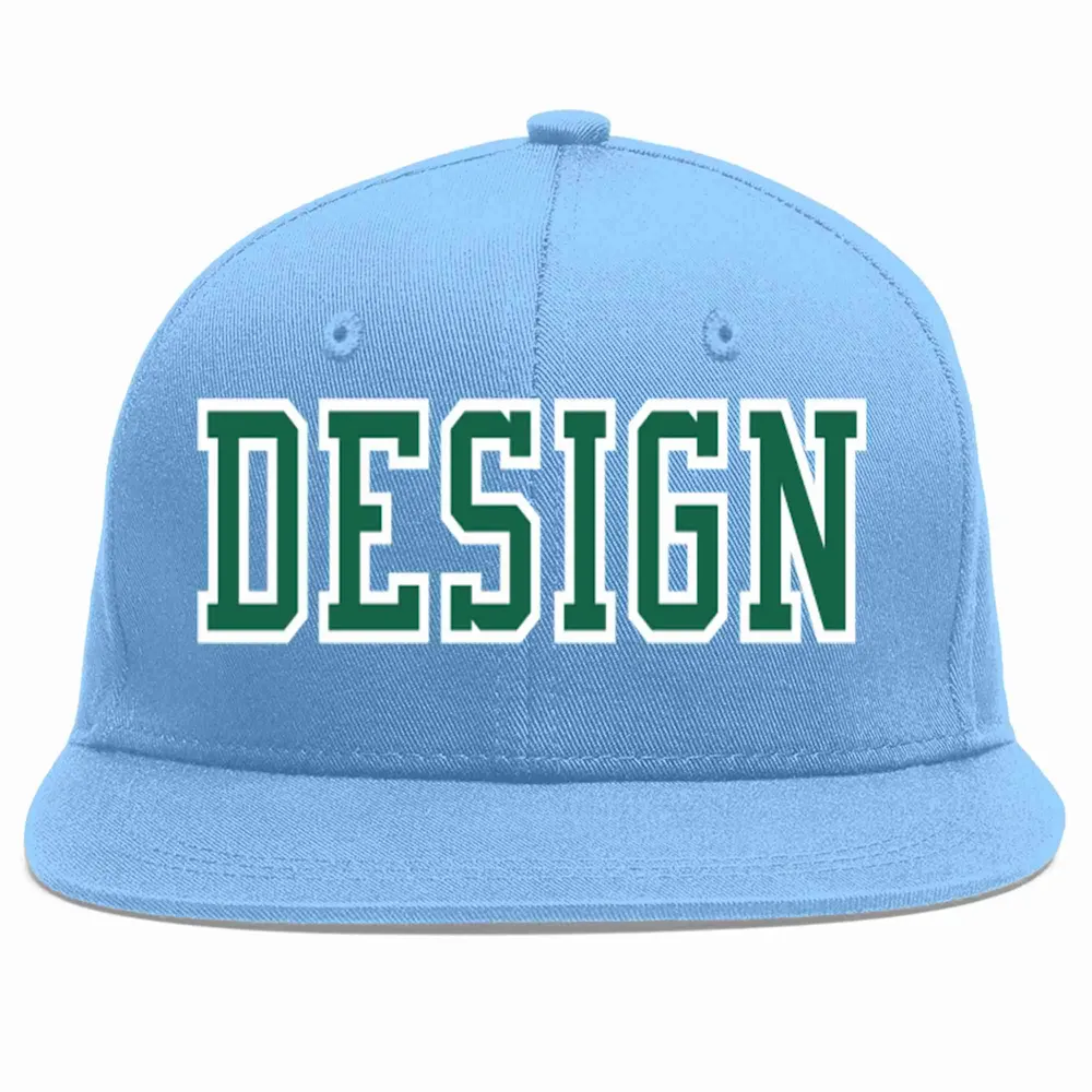 Custom Light Blue Kelly Green-White Flat Eaves Sport Baseball Cap Design for Men/Women/Youth