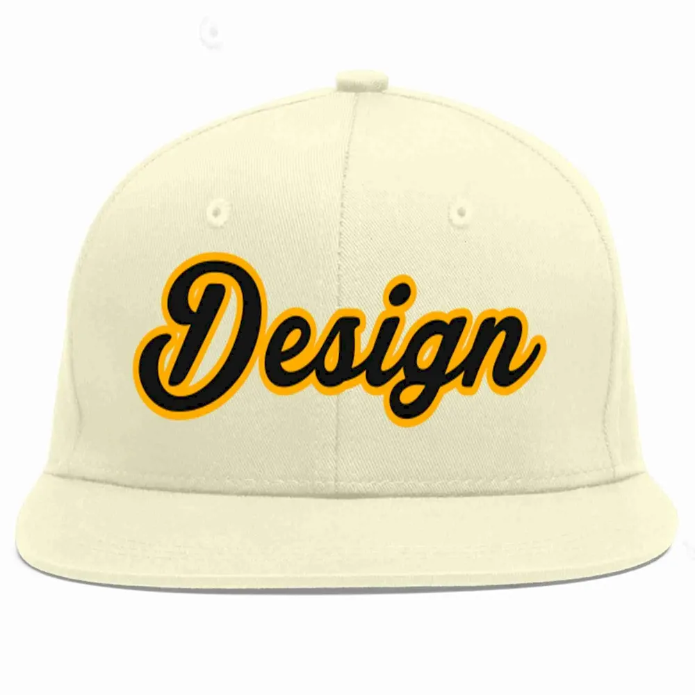 Custom Cream Black-Yellow Flat Eaves Sport Baseball Cap Design for Men/Women/Youth