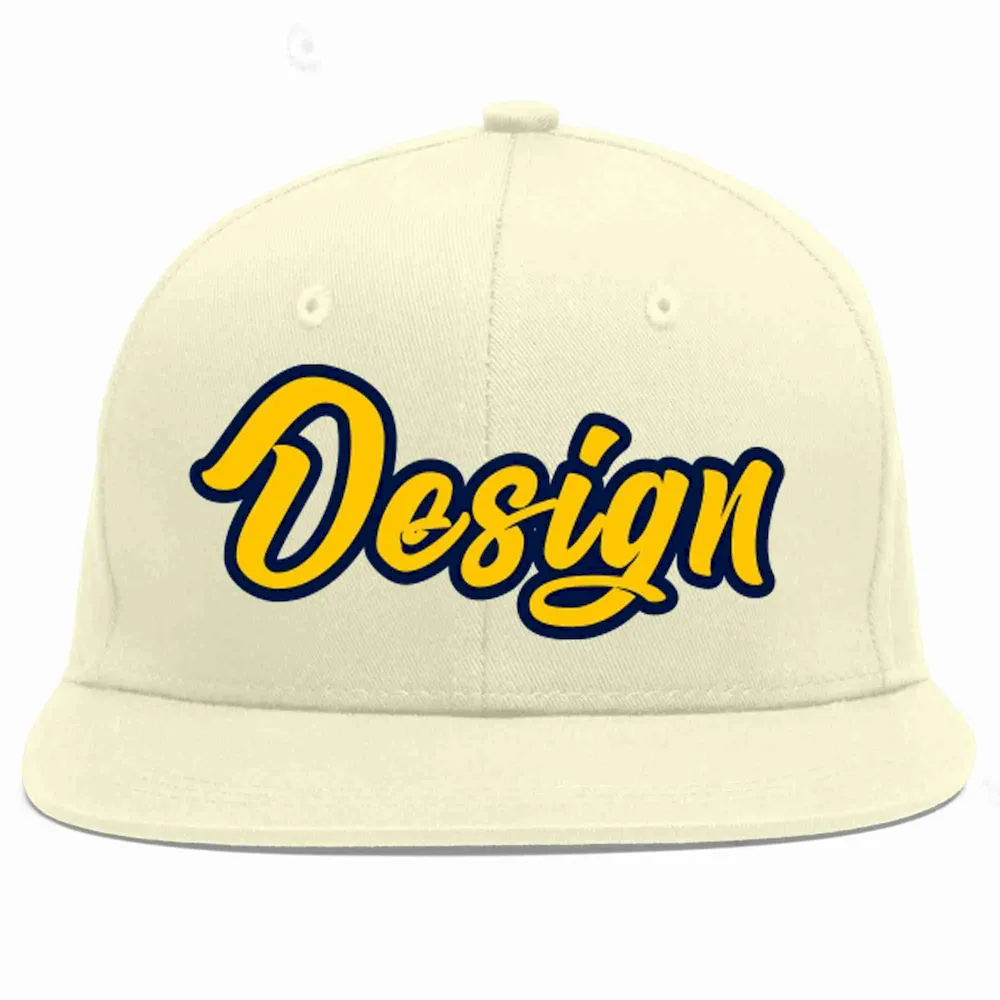 Custom Cream Gold-Navy Flat Eaves Sport Baseball Cap Design for Men/Women/Youth