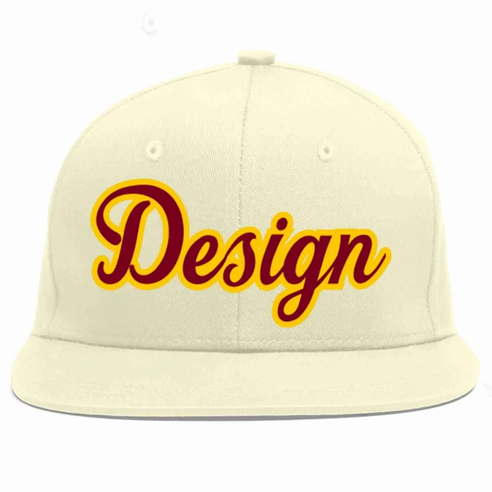 Custom Cream Crimson-Gold Flat Eaves Sport Baseball Cap Design for Men/Women/Youth