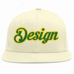 Custom Cream Kelly Green-Gold Flat Eaves Sport Baseball Cap Design for Men/Women/Youth