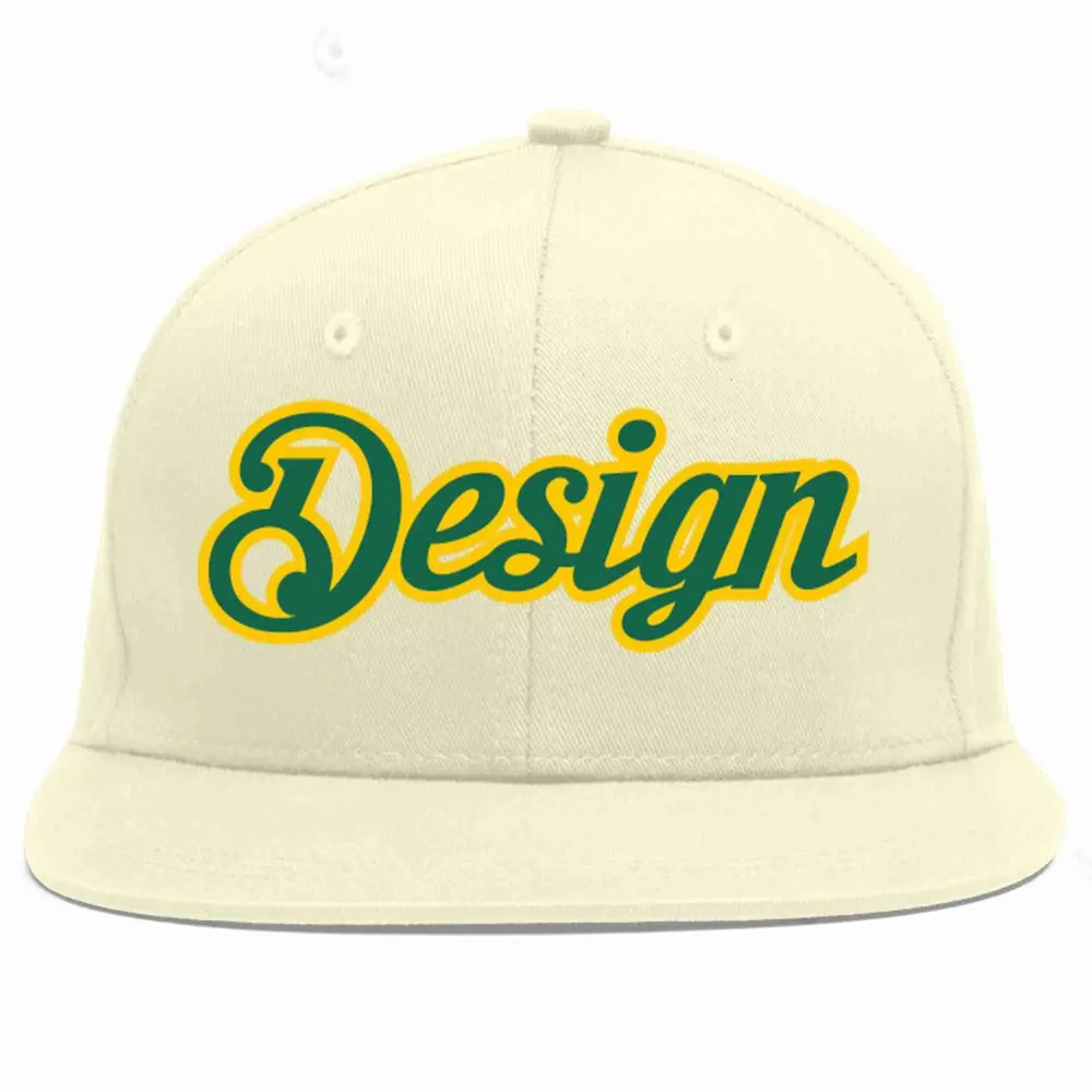 Custom Cream Kelly Green-Gold Flat Eaves Sport Baseball Cap Design for Men/Women/Youth