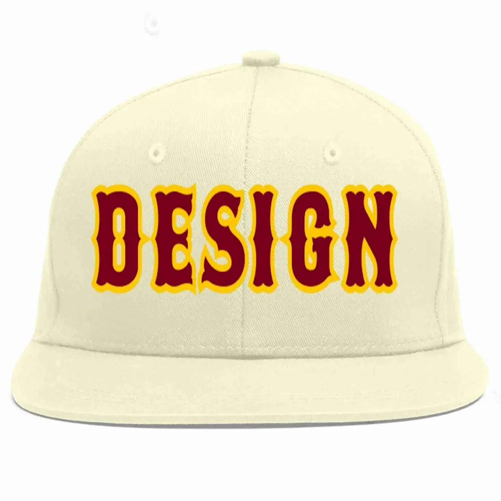 Custom Cream Crimson-Gold Flat Eaves Sport Baseball Cap Design for Men/Women/Youth