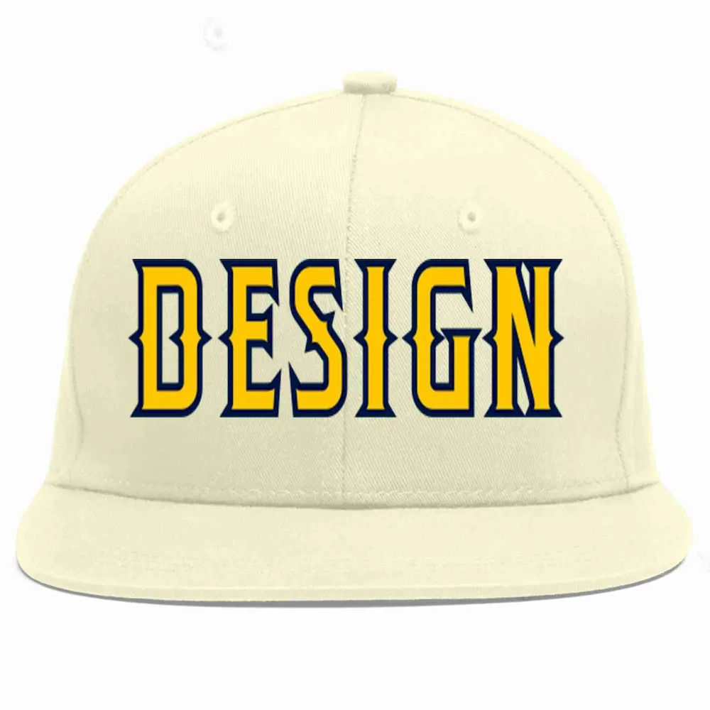 Custom Cream Gold-Navy Flat Eaves Sport Baseball Cap Design for Men/Women/Youth