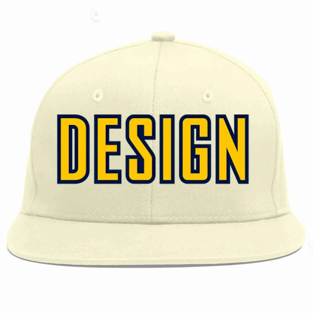 Custom Cream Gold-Navy Flat Eaves Sport Baseball Cap Design for Men/Women/Youth